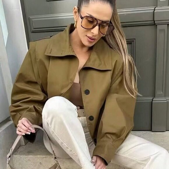 Casual Women's Pleated Jacket Long Sleeve Cropped Coat Trench Jackets Stre - Picture 9 of 11